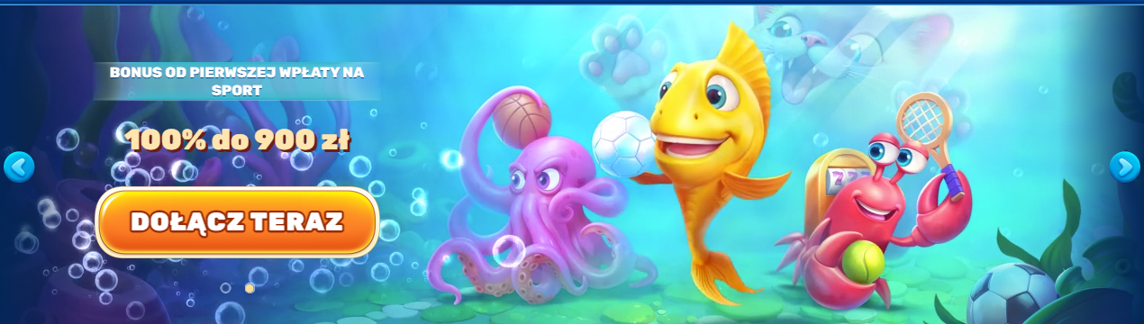 nderwater-themed casino promotion showing a smiling yellow fish spinning a wheel, a purple octopus holding cards, and a red crab slot-machine character surrounded by chips.