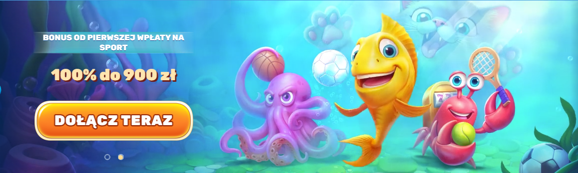nderwater-themed casino promotion showing a smiling yellow fish spinning a wheel, a purple octopus holding cards, and a red crab slot-machine character surrounded by chips.