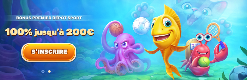 nderwater-themed casino promotion showing a smiling yellow fish spinning a wheel, a purple octopus holding cards, and a red crab slot-machine character surrounded by chips.