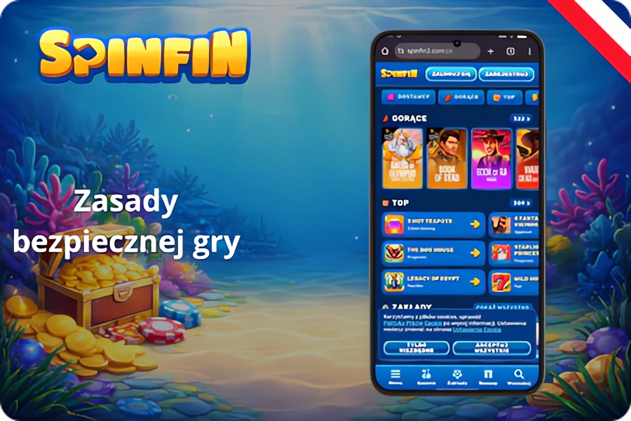 Smartphone showing the SpinFin website, highlighting game categories: Populaires (Popular), Top, and responsible gaming advice.